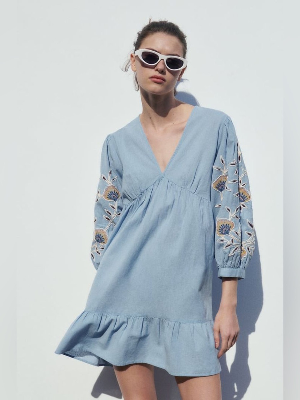 Zara Pale Blue Embroidered V-Neck Mini Dress